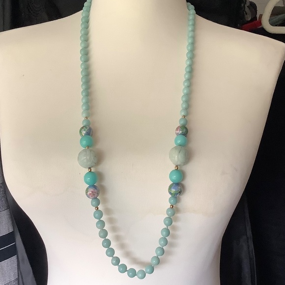 Vintage Blue Beaded Necklace With Carved and Cloisonné Style Gemstone Beads - Picture 2 of 9